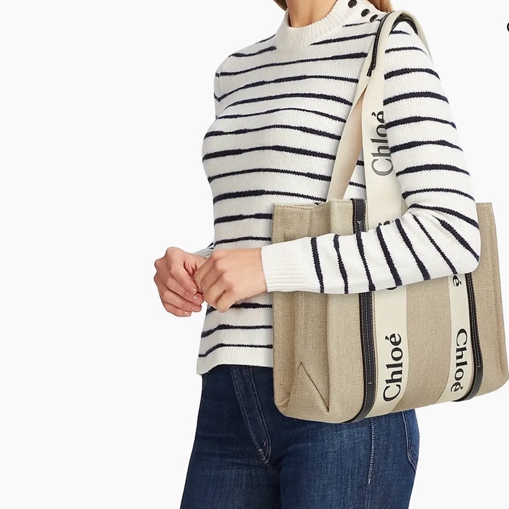 Authentic CHLOÉ Beige and Navy/black Leather Trim Canvas Tote Bag - Picture 3 of 17